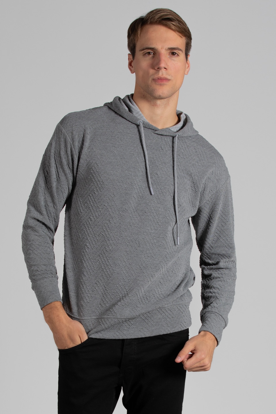 Kapüşonlu jakar örme sweatshirt-9001 Gri Melanj