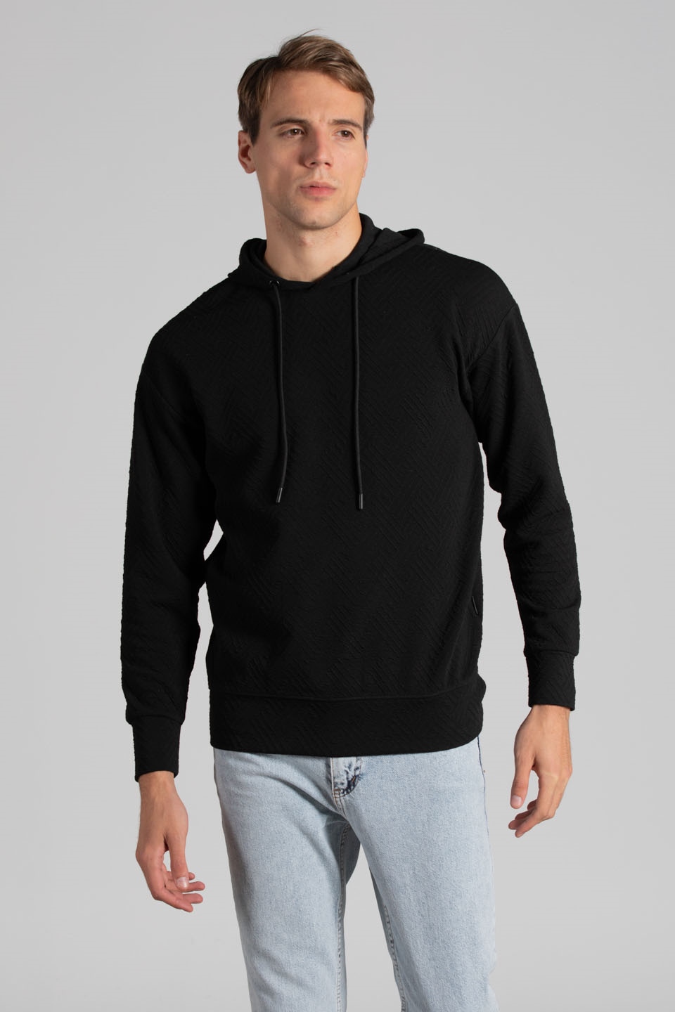 Kapüşonlu jakar örme sweatshirt-9001 Siyah