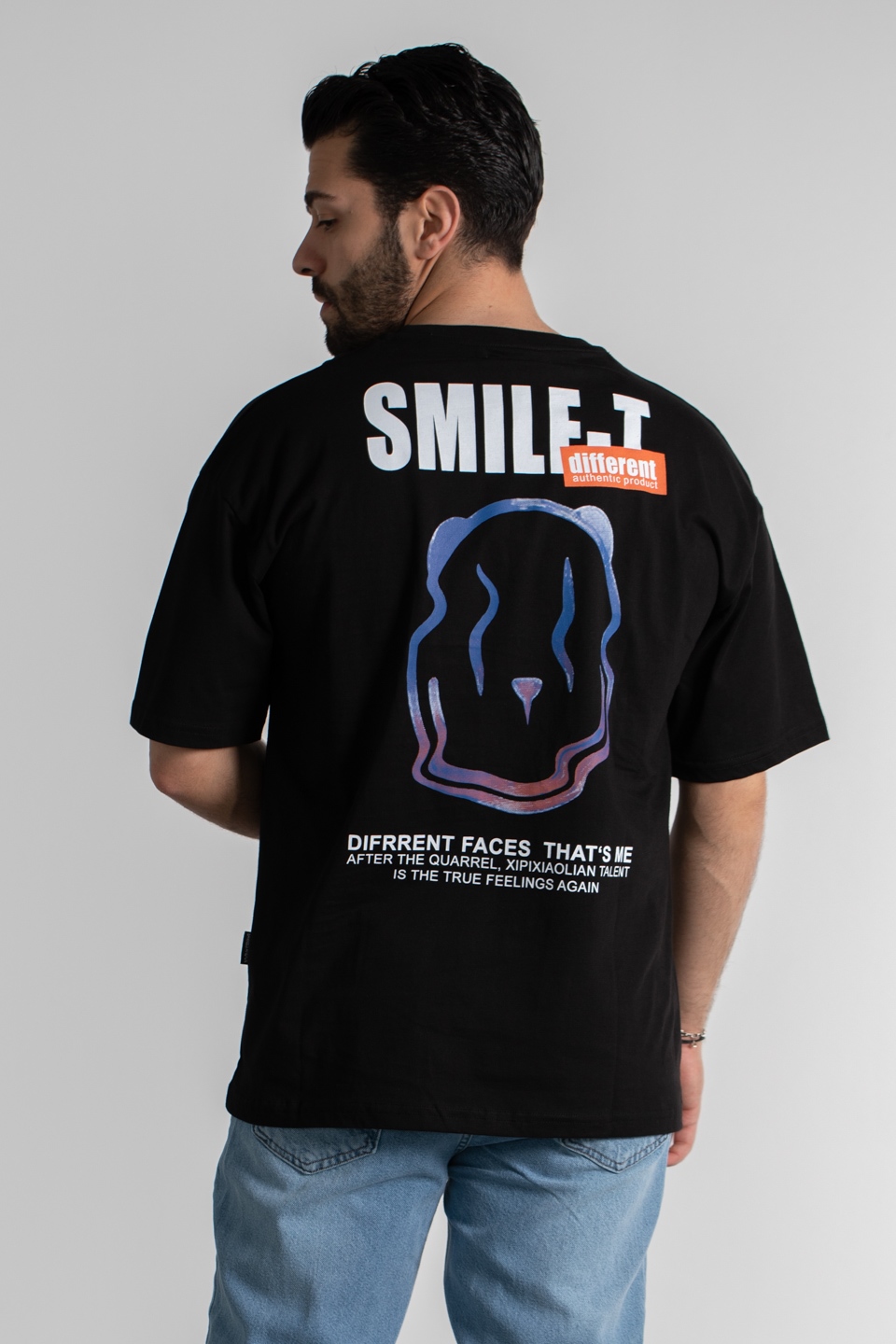 Arkası smile baskılı oversize t-shirt-4465 Siyah