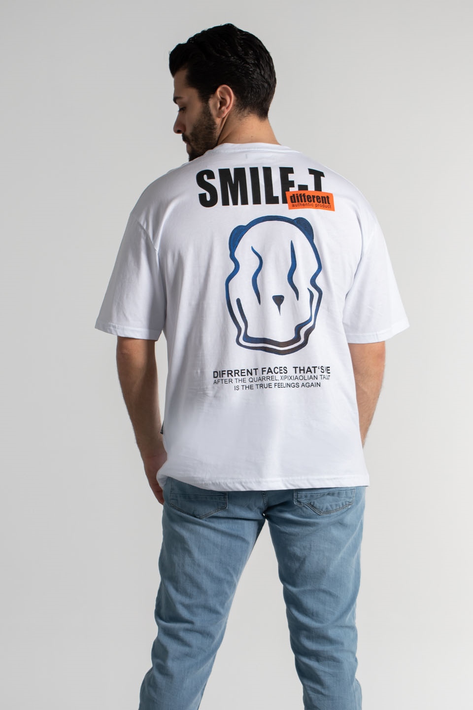 Arkası smile baskılı oversize t-shirt-4465 Beyaz