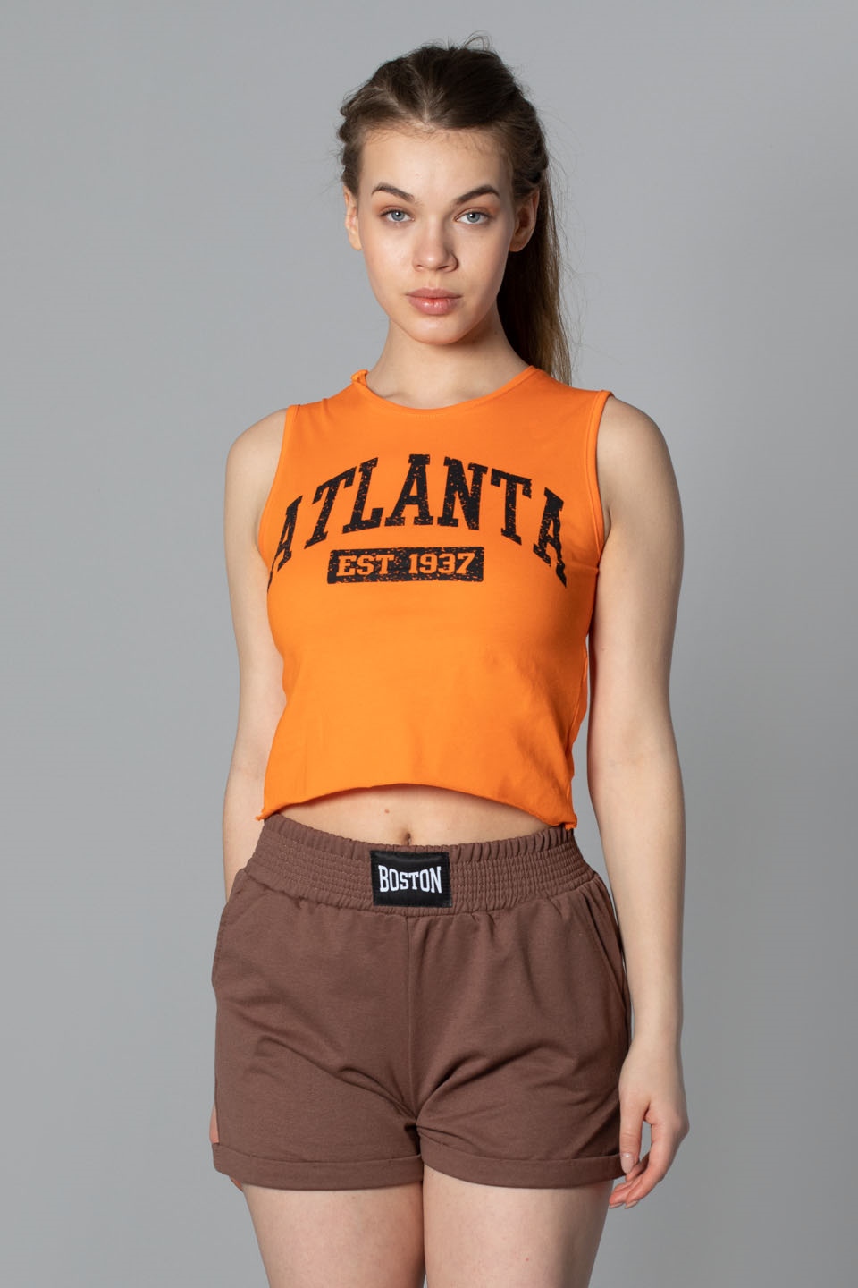 Atlanta baskılı crop t-shirt-4004 Oranj