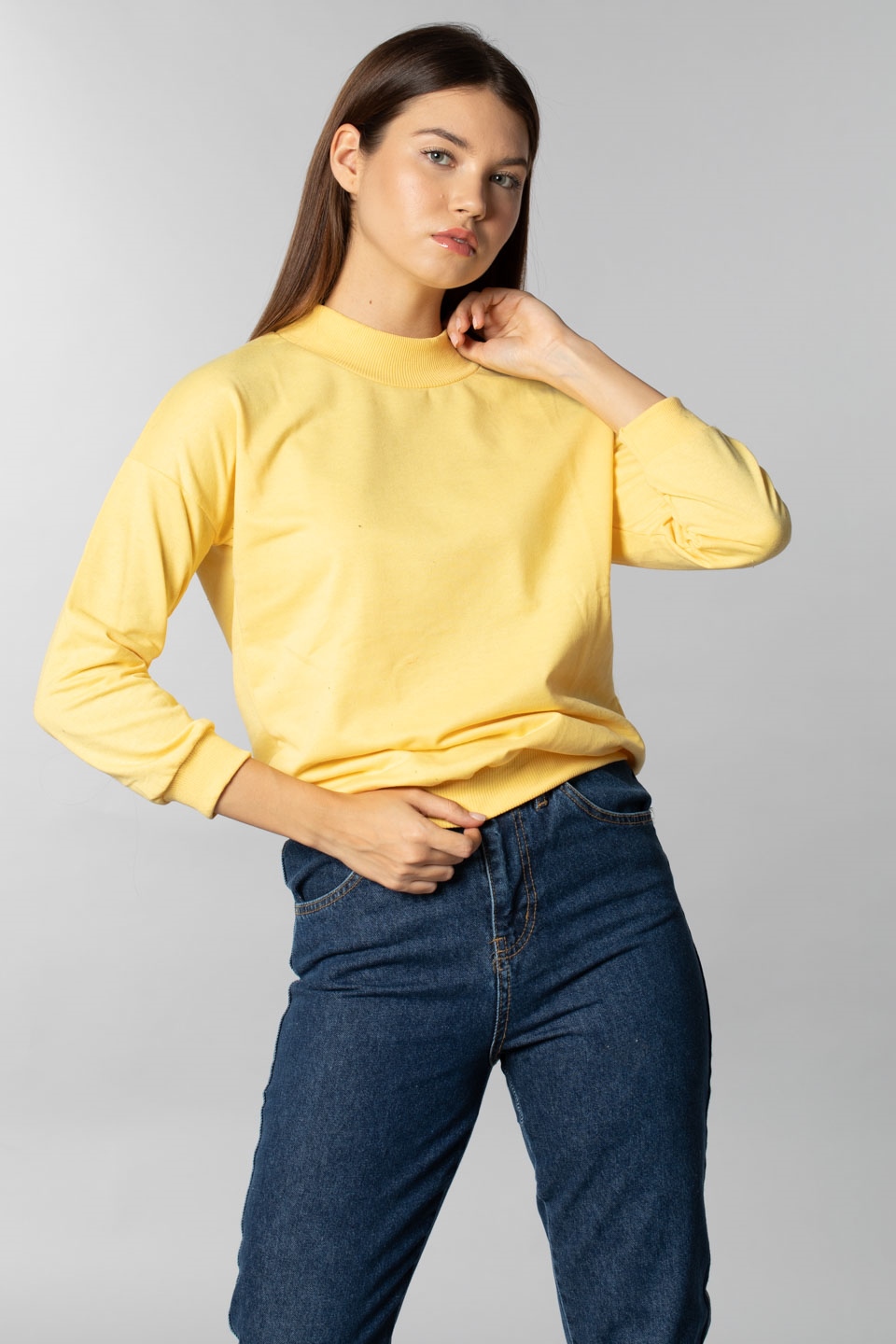 Basıc ribanalı sweatshirt-3323 Sarı