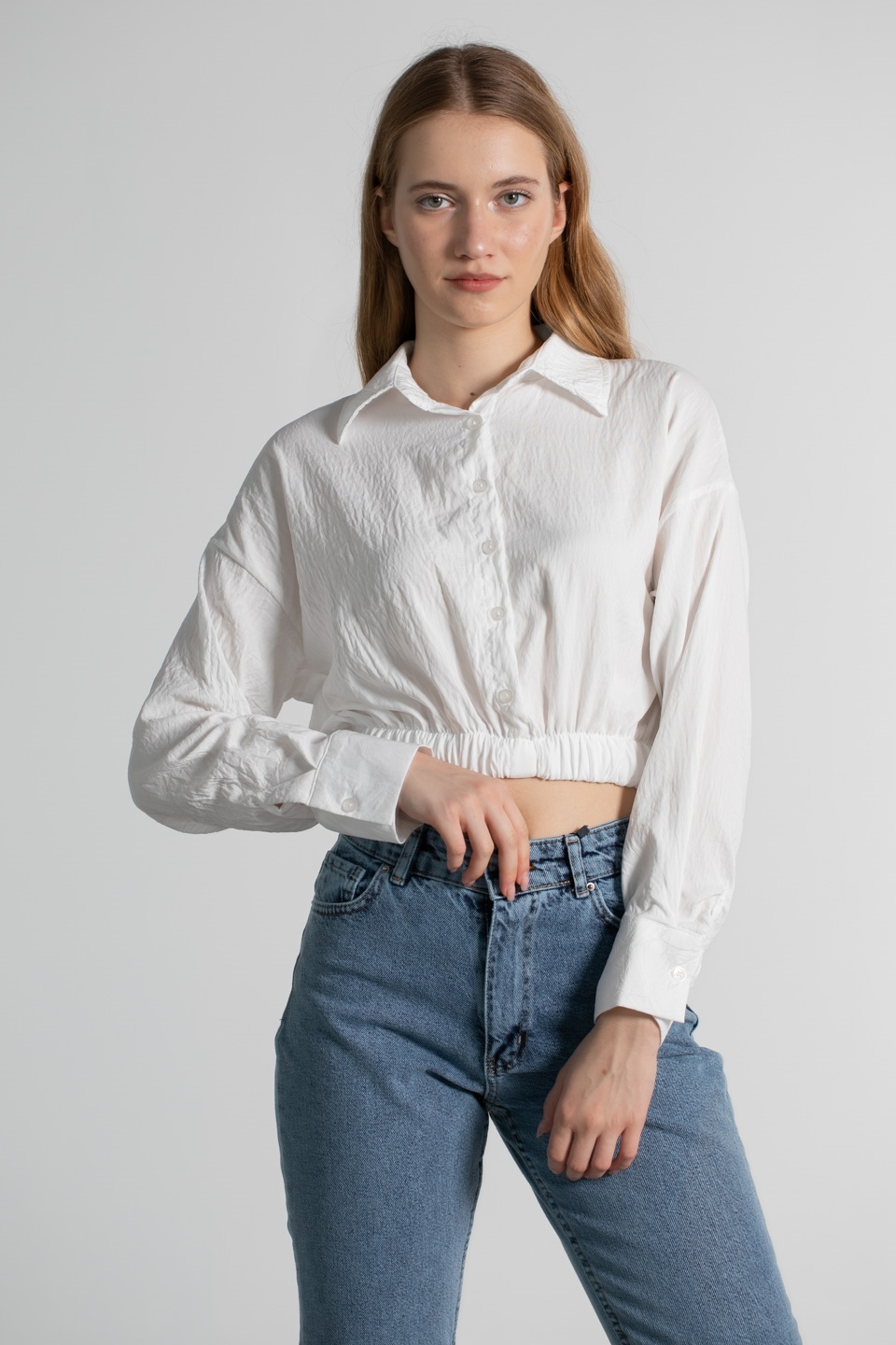 Beli lastikli gömlek bluz-7202 Beyaz