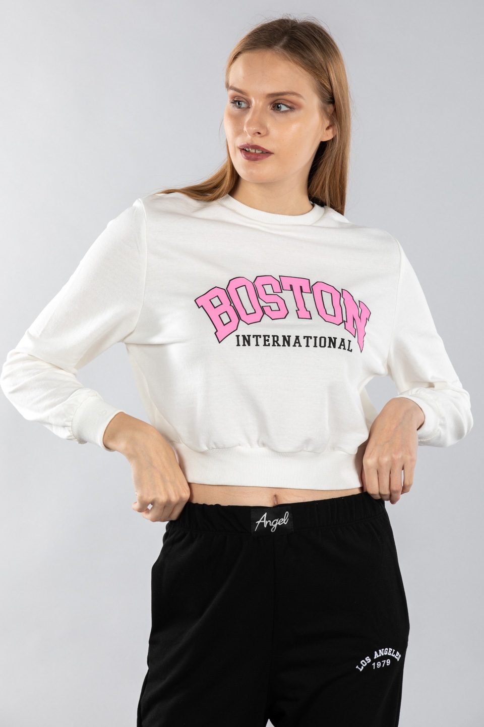 Boston baskılı kısa sweatshirt-2157-1 Ekru