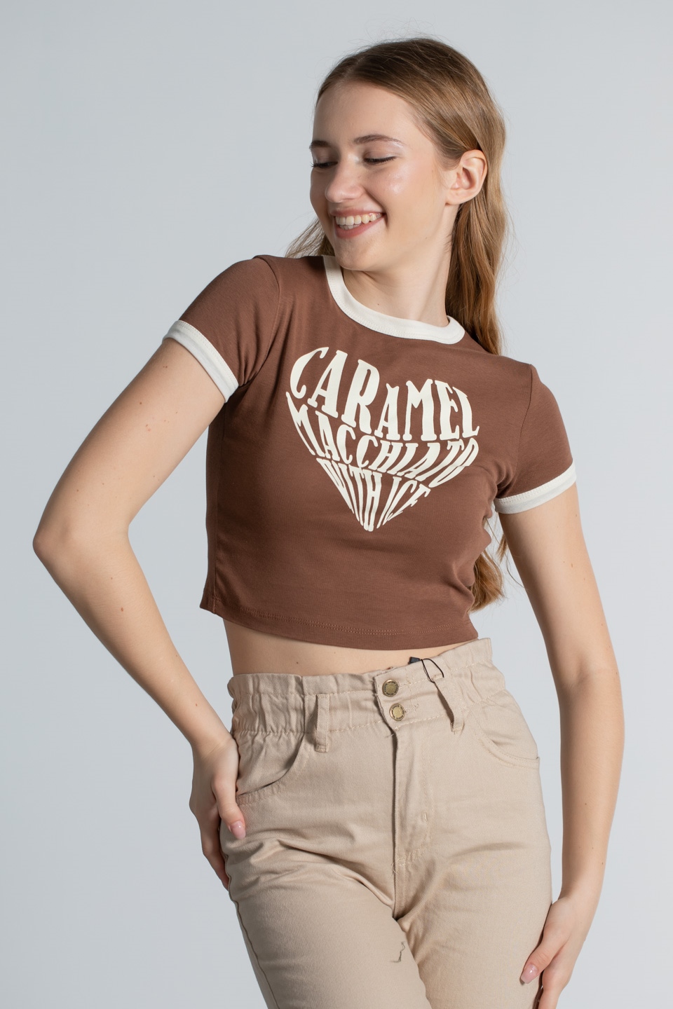 Caramel baskılı ribanalı t-shirt-4046 Kahve