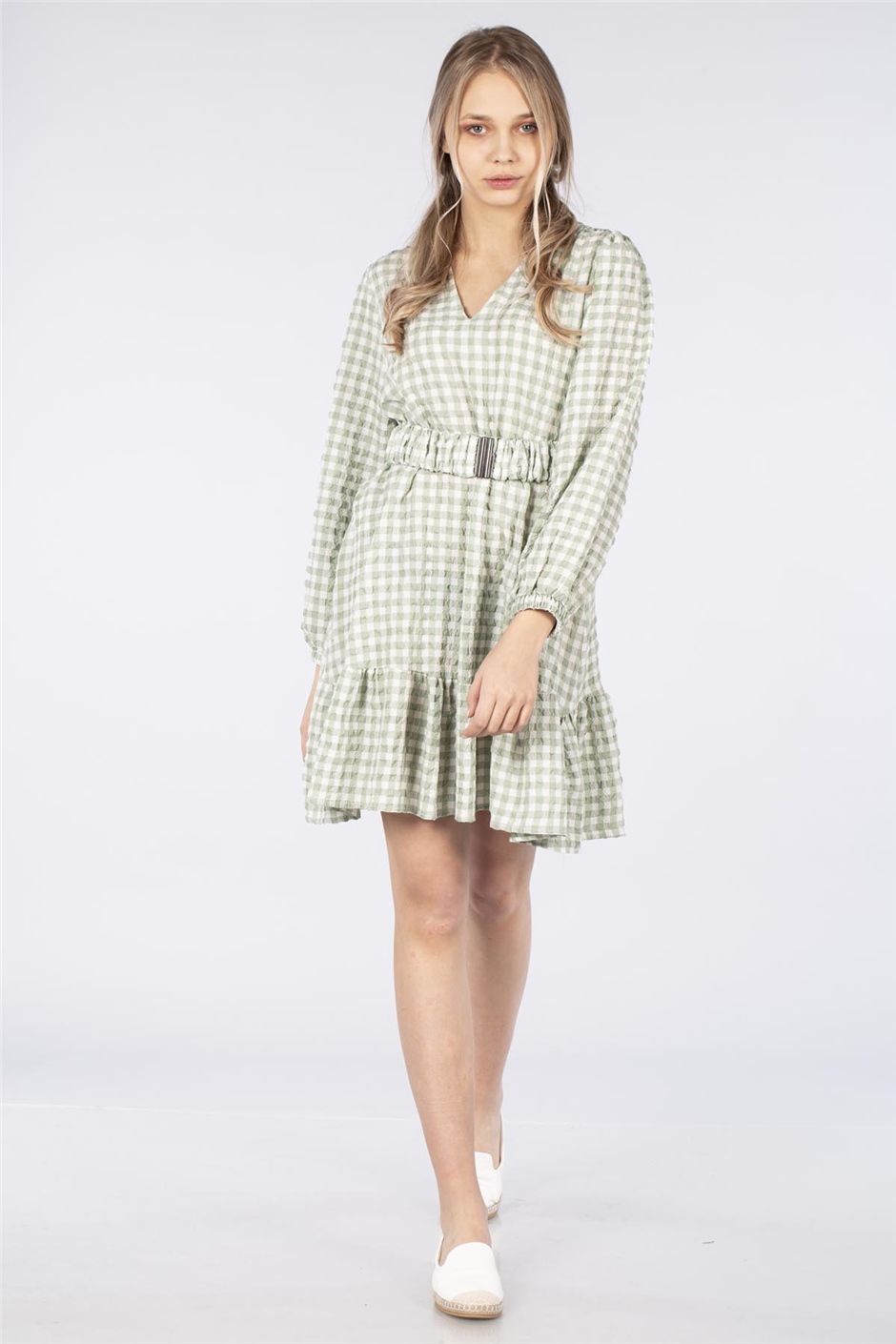Eteği Fırfırlı Gofre Kumaş Elbise-Mint