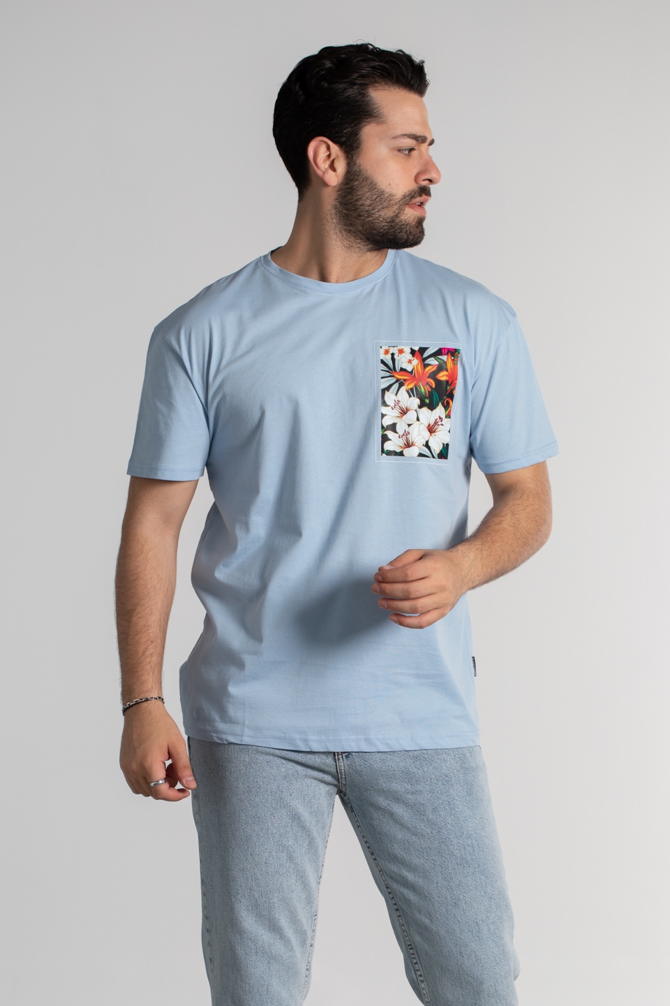 Göğüs çiçek baskılı oversize t-shirt-4460 Bebe Mavi