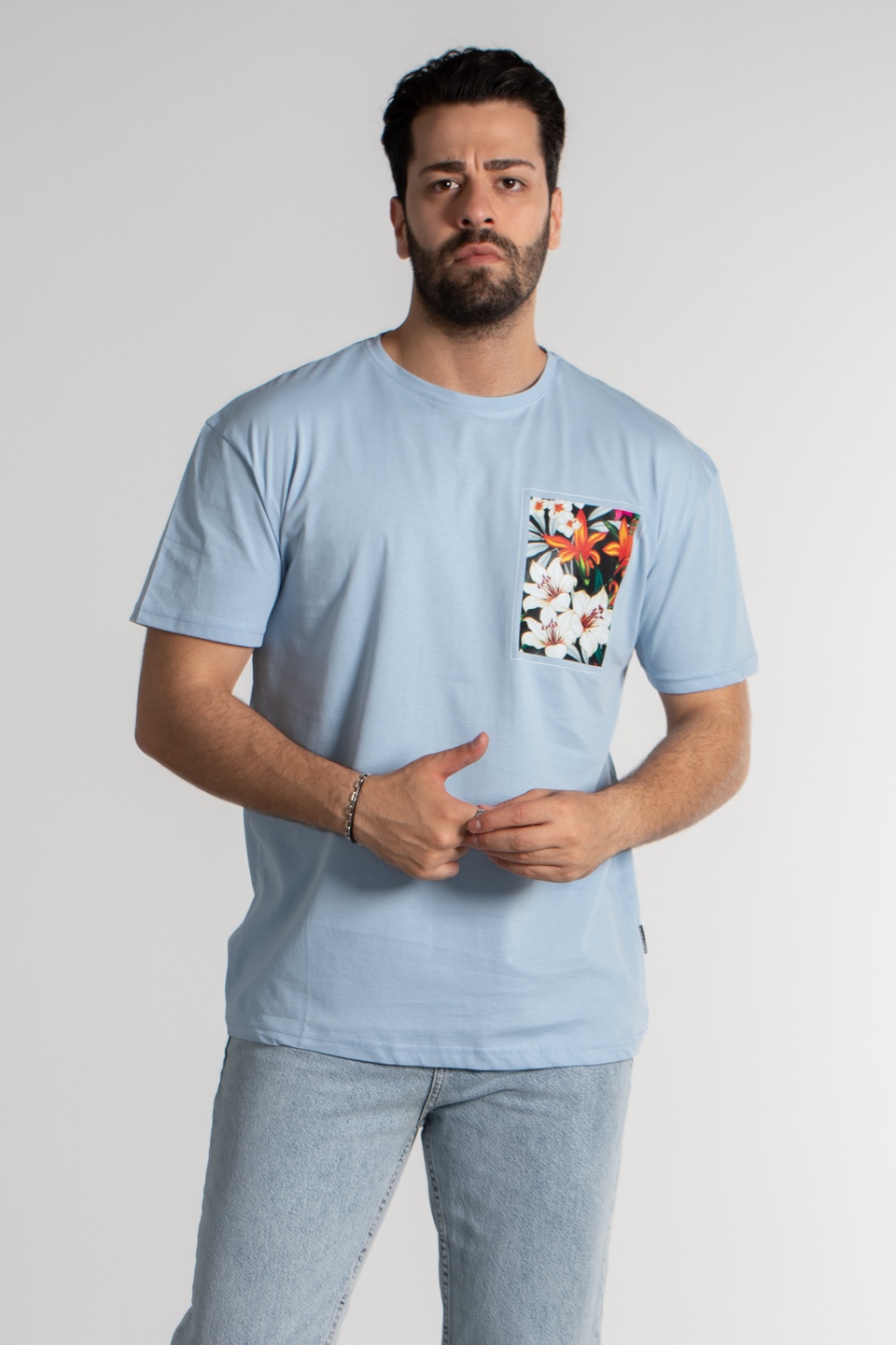Göğüs çiçek baskılı oversize t-shirt-4460 Bebe Mavi