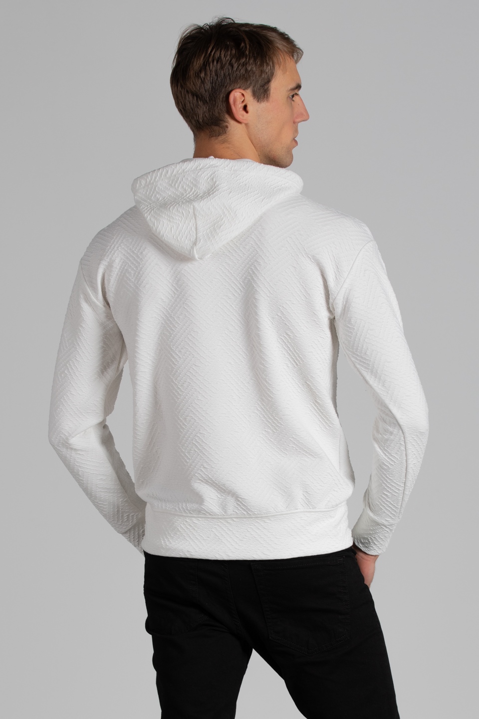 Kapüşonlu jakar örme sweatshirt-9001 Ekru