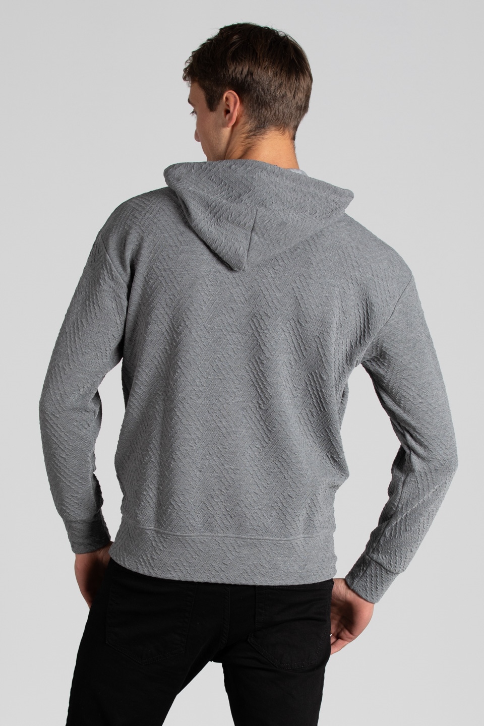 Kapüşonlu jakar örme sweatshirt-9001 Gri Melanj