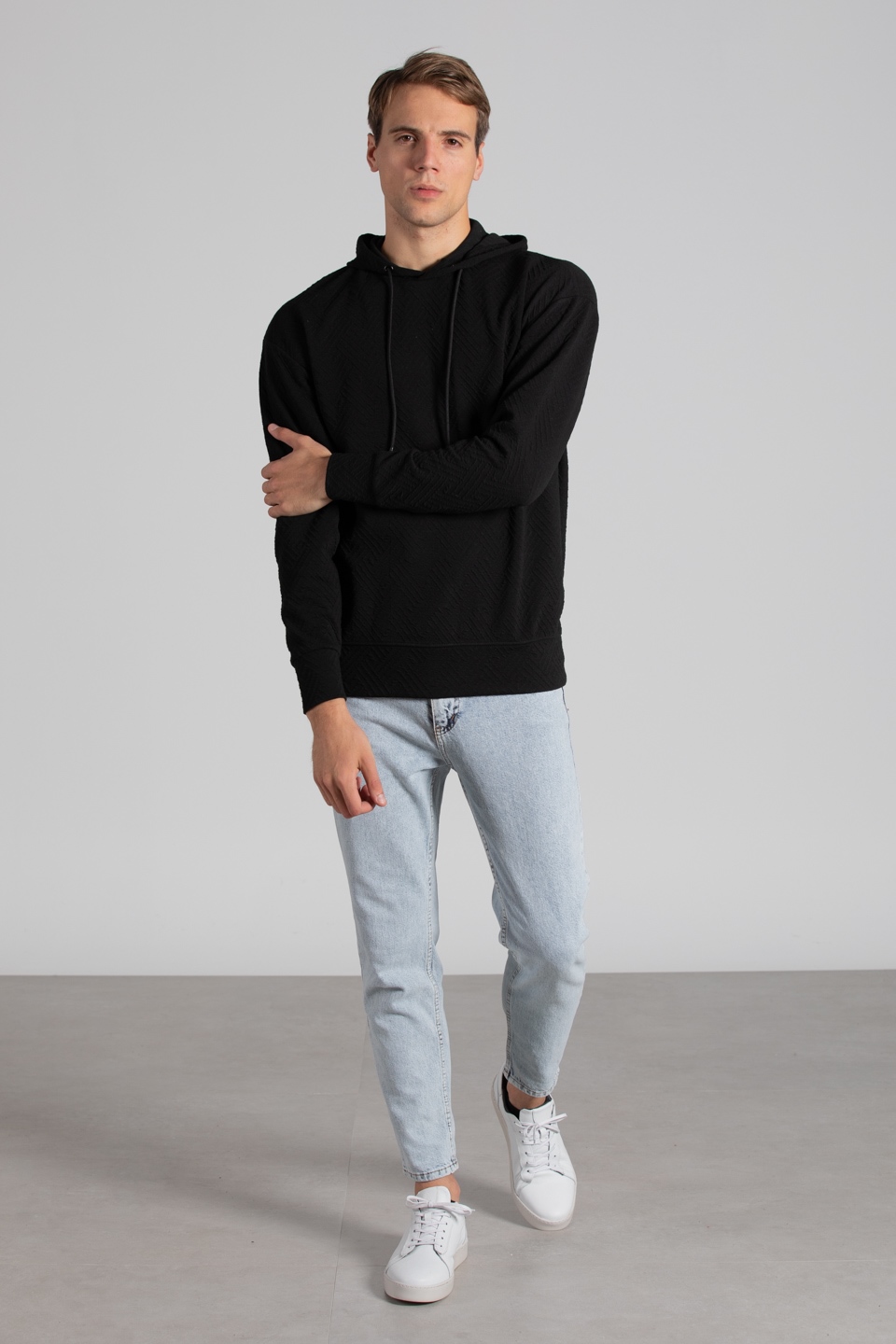 Kapüşonlu jakar örme sweatshirt-9001 Siyah