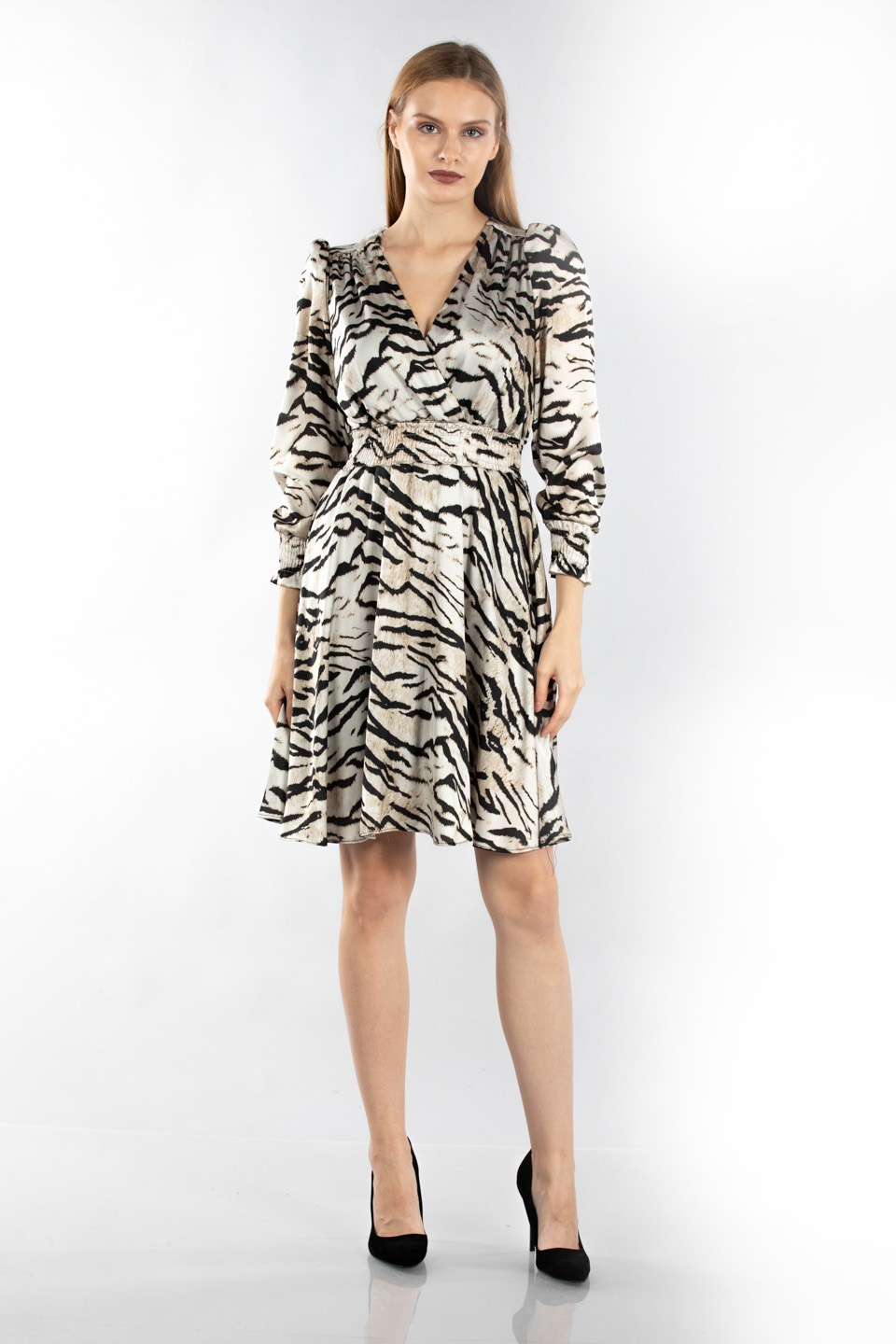 Kruvaze yaka elbise-7106 Zebra