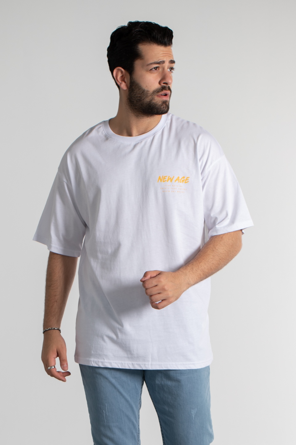 New age baskılı oversize t-shirt-4005 Beyaz