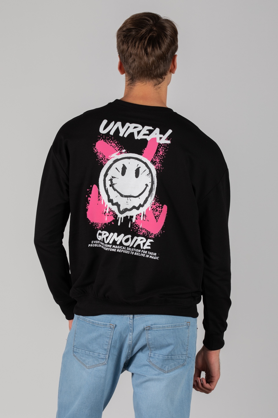 Ön arka smile baskılı sweatshirt-7011 Siyah