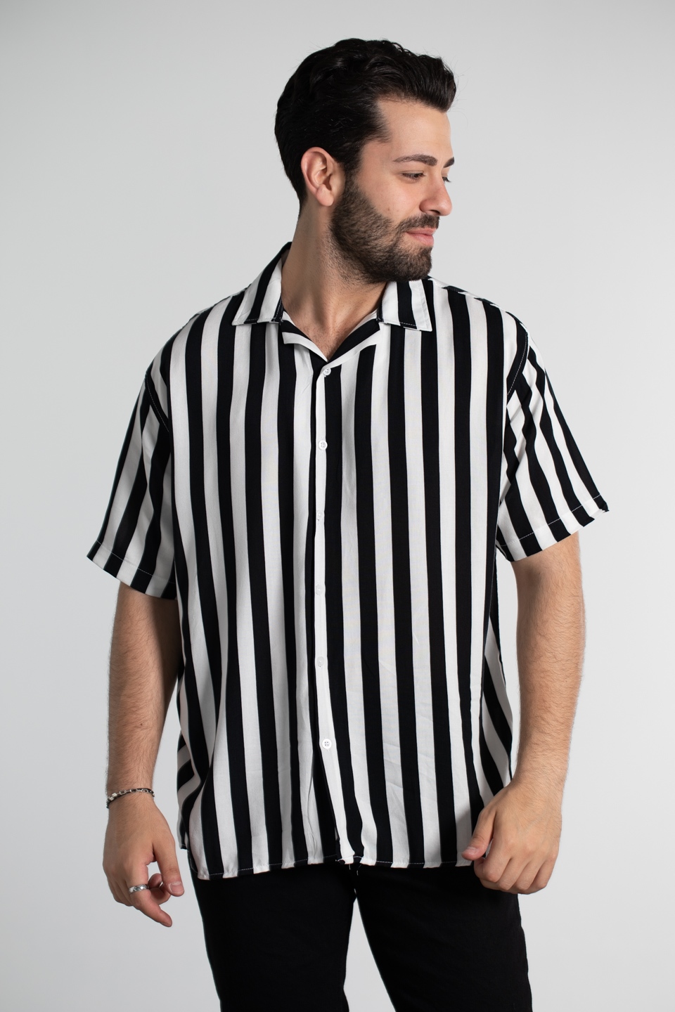 Oversize çizgili desen gömlek-6000 Siyah/Beyaz