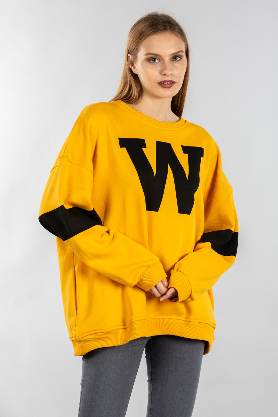 W baskılı oversize sweatshirt-5194 Hardal/Siyah