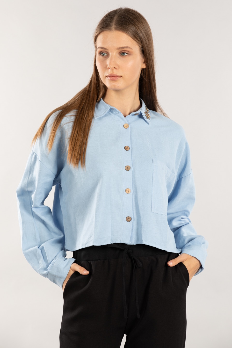 Yaka detaylı cepli gömlek-4254 Mavi