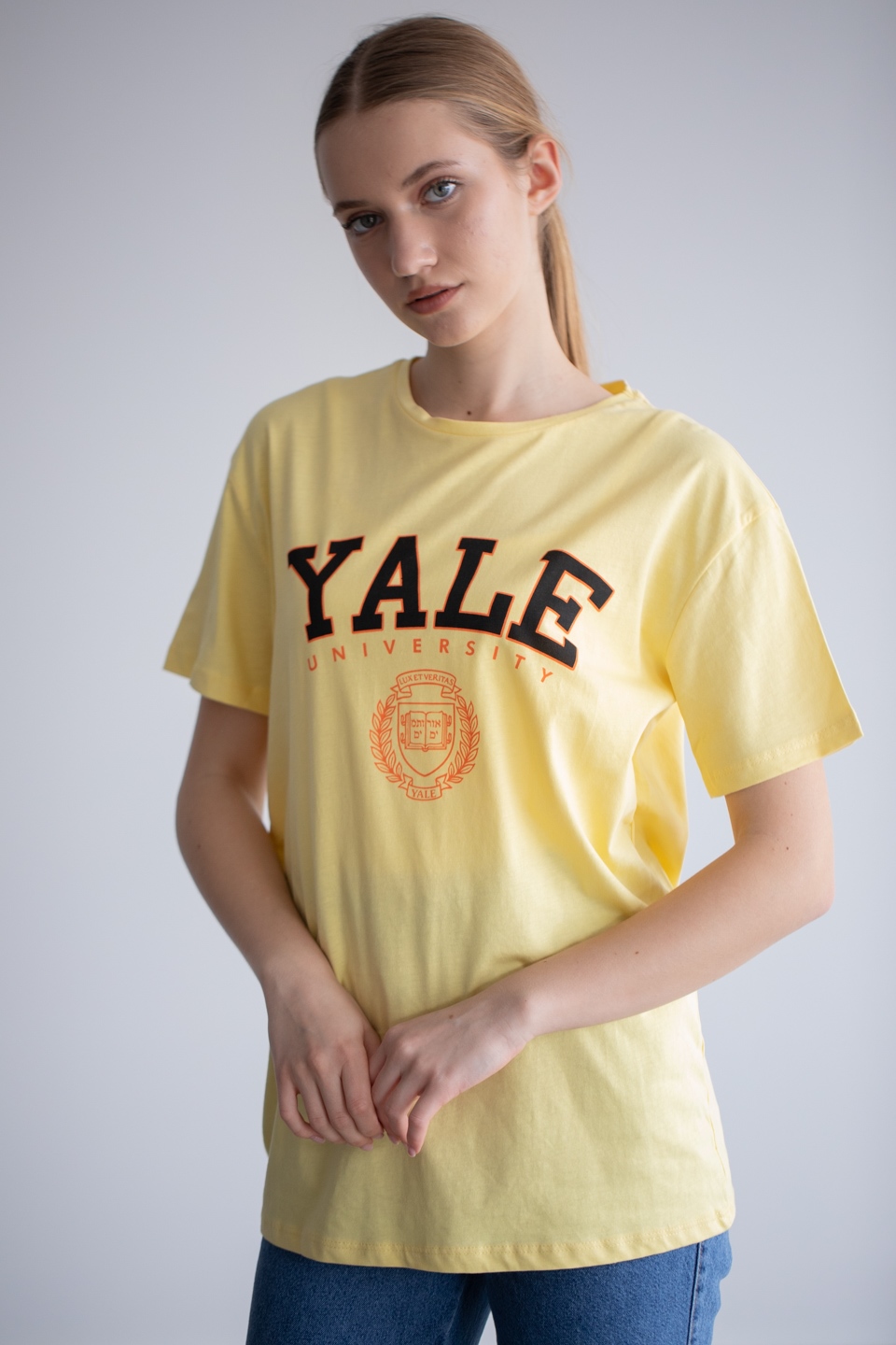 Yale baskılı oversize t-shirt-1005-2 Sarı